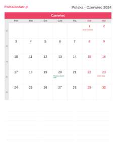 Kalendarz 2024 Czerwiec