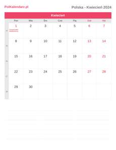 Kalendarz 2024 Kwiecień