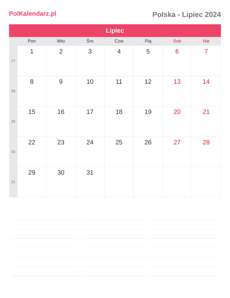 Kalendarz 2024 Lipiec