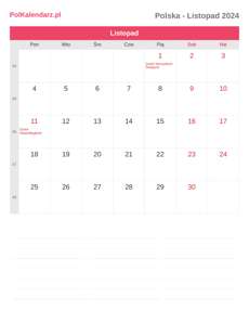 Kalendarz 2024 Listopad