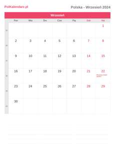 Kalendarz 2024 Wrzesień