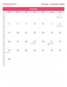 Kalendarz 2025 Czerwiec