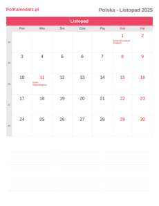 Kalendarz 2025 Listopad