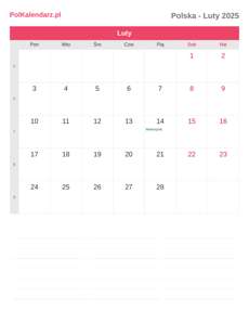 Kalendarz 2025 Luty
