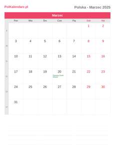Kalendarz 2025 Marzec