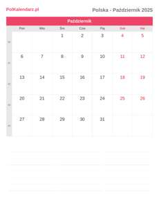 Kalendarz 2025 Październik