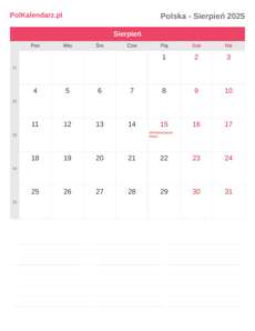 Kalendarz 2025 Sierpień