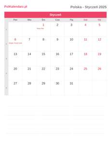 Kalendarz 2025 Styczeń