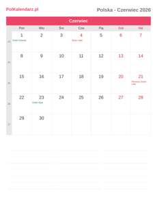 Kalendarz 2026 Czerwiec