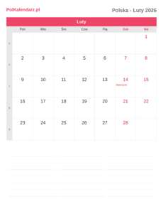 Kalendarz 2026 Luty