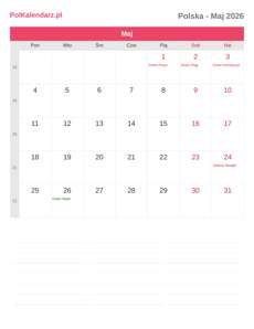 Kalendarz 2026 Maj