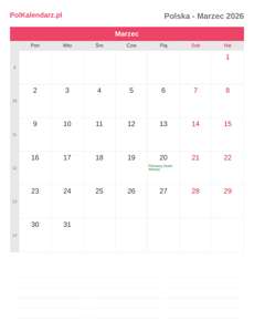 Kalendarz 2026 Marzec