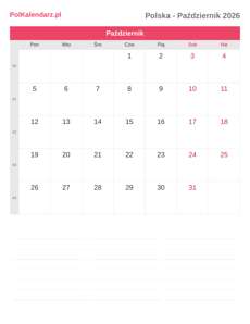 Kalendarz 2026 Październik