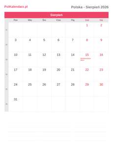 Kalendarz 2026 Sierpień