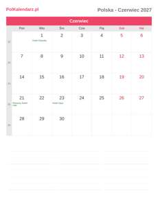 Kalendarz 2027 Czerwiec