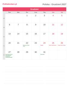 Kalendarz 2027 Grudzień