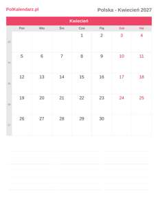 Kalendarz 2027 Kwiecień