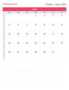 Kalendarz 2027 Lipiec