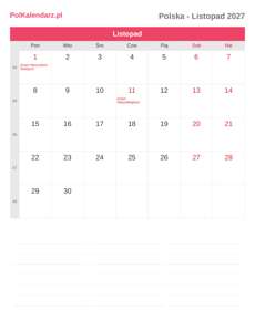 Kalendarz 2027 Listopad