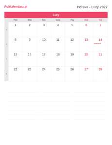 Kalendarz 2027 Luty