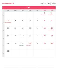 Kalendarz 2027 Maj