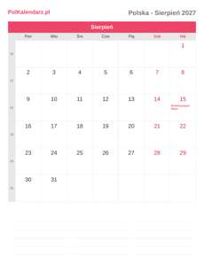 Kalendarz 2027 Sierpień