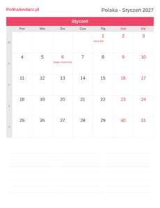Kalendarz 2027 Styczeń