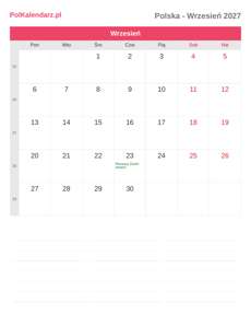 Kalendarz 2027 Wrzesień