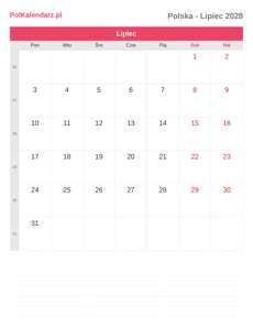 Kalendarz 2028 Lipiec