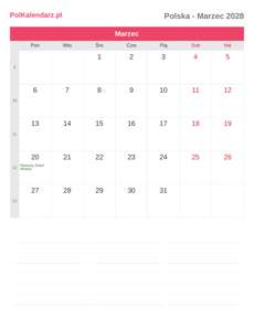 Kalendarz 2028 Marzec