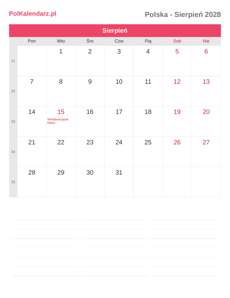 Kalendarz 2028 Sierpień