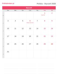 Kalendarz 2028 Styczeń