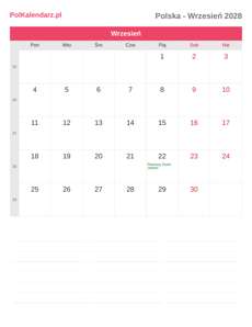 Kalendarz 2028 Wrzesień