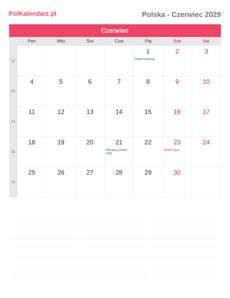 Kalendarz 2029 Czerwiec