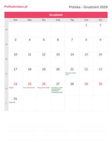 Kalendarz 2029 Grudzień