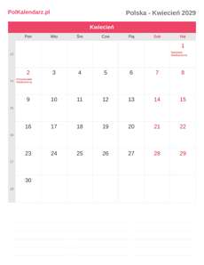 Kalendarz 2029 Kwiecień