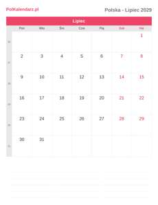 Kalendarz 2029 Lipiec