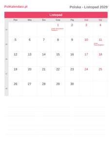 Kalendarz 2029 Listopad