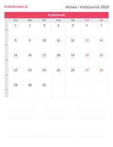 Kalendarz 2029 Październik